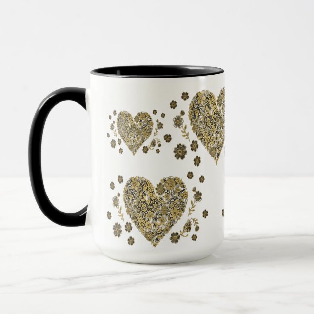 Elegant Gold Hearts & Floral Mug – Romantic Gift (Gauche)