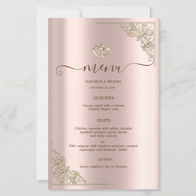 Elegant Gold Hearts Rose Gold Wedding Menu Card (Devant)