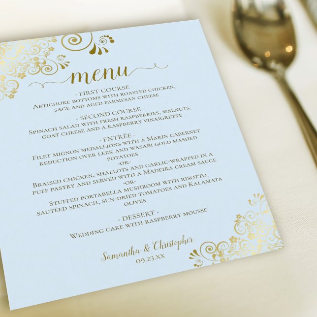 Elegant Gold Lace Powder Blue Budget Wedding Menu (Créateur téléchargé)