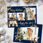 Elegant Gold Navy 4 Photo Collage Carte de Noël<br><div class="desc">Elégant, moderne or et Feuilles botaniques de la Marine 4 Photo Collage Joyeux Noël Carte de vacances. Ce modèle festif, mimimaliste, fantasque quatre (4) cartes de vacances photo présente un joli collage photo, faux feuilles botaniques feuille d'or, des hivernages et dit Joyeux Noël et Bonne Année! Le texte de salutation...</div>