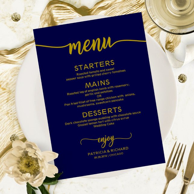 Elegant Gold Navy Blue Script Mariage Menu (Créateur téléchargé)