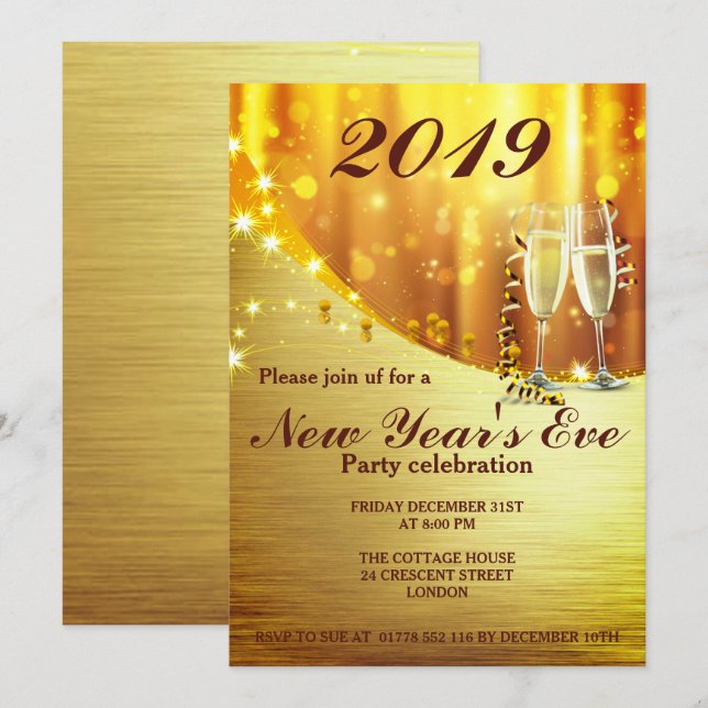 Elegant Gold Nouvel An`s Eve Party Invitation (Devant / Derrière)