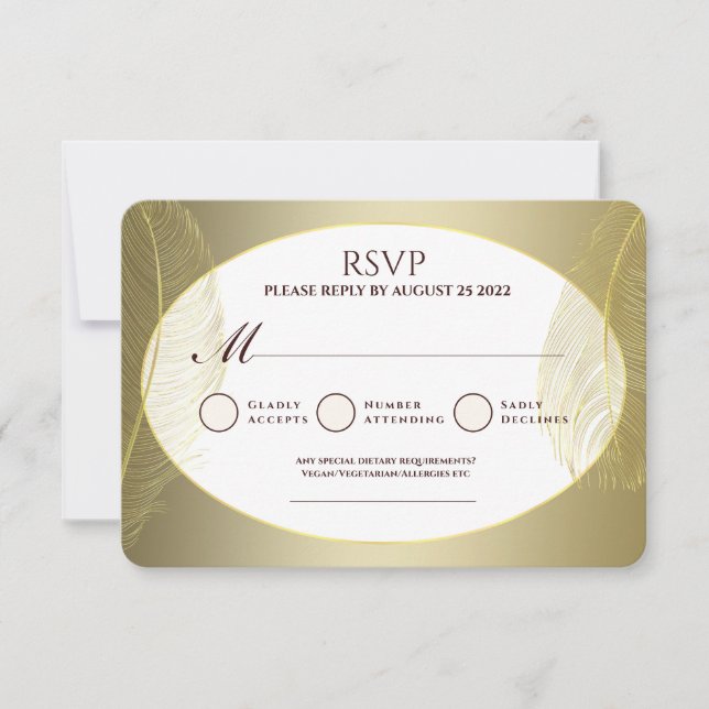 Elegant Gold Oval Feather RSVP Card (Devant)