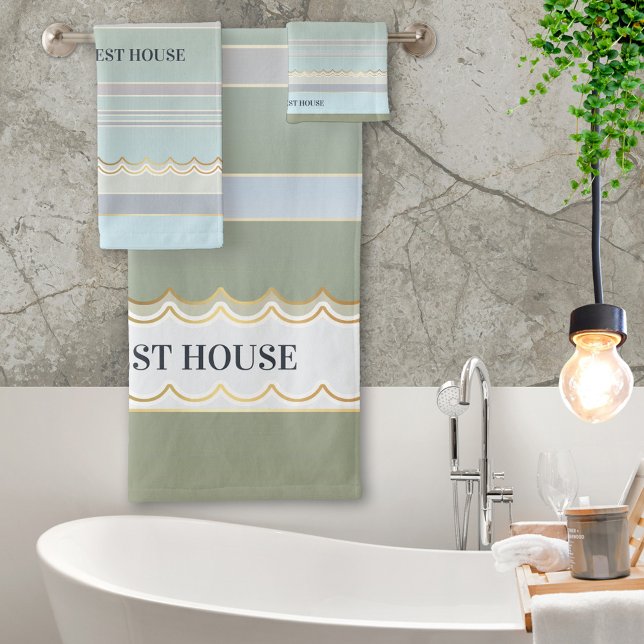 Élégant Gold Pastel Beach House (A beautiful striped bathroom towel set in pastel green blue and grey beach colors with gold waves)