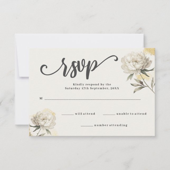 Elégant Gold Peony Floral Wedding Carte RSVP (Devant)