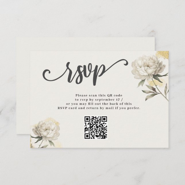 Elegant Gold Peony QR Code Mariage Carte RSVP (Devant / Derrière)