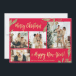 Elégant Gold Red 4 Photo Collage Carte de Noël<br><div class="desc">Elégant, moderne or et Feuilles botaniques rouges 4 Photo Collage Joyeux Noël Carte de vacances. Ce modèle festif, mimimaliste, fantasque quatre (4) cartes de vacances photo présente un joli collage photo, faux feuilles botaniques feuille d'or, des hivernages et dit Joyeux Noël et Bonne Année! Le texte de salutation "Joyeux Noël...</div>