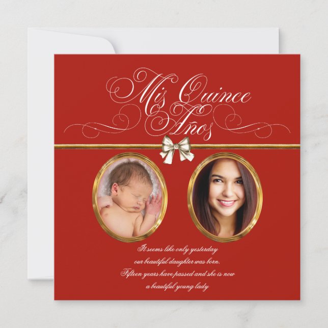 Elegant Gold Red Photo Quinceanera Invitations (Devant)