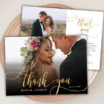 Elegant Gold Script 2 Mariage photo Carte de remer<br><div class="desc">Moderne Boho Elegant Chic Gold Calligraphy Script Mariage 2 Carte de remerciements photo. Mariage élégant merci modèle avec une photo verticale complète sur le devant avec le texte "Merci" dans une main tourbillonnant fantaisie lettrage typographie script swash tail police FAUX feuille d'or superposition sur l'image et un côté inverse (1)...</div>