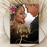 Elegant Gold Script 2 Mariage photo Carte de remer<br><div class="desc">Boho Chic Gold Calligraphy Script 2 Mariage photo Carte de remerciements. Un mariage élégant vous remercie modèle avec une photo pleine verticale sur le devant avec le texte "Merci" dans une main tourbillonnant fantaisie lettrage typographie swash tail police script faux feuille d'or superposition sur l'image. Carte recto verso avec 2...</div>