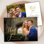 Elegant Gold Script 2 Mariage photo Carte de remer<br><div class="desc">Élégant Chic Moderne Boho Gold Calligraphy Script Mariage 2 Carte de remerciements photo. Un mariage élégant vous remercie modèle avec une photo verticale complète sur le devant avec le texte "Merci" dans une main tourbillonnant fantaisie lettrage typographie script swash tail police overlay sur l'image et un côté inverse (1) photo...</div>