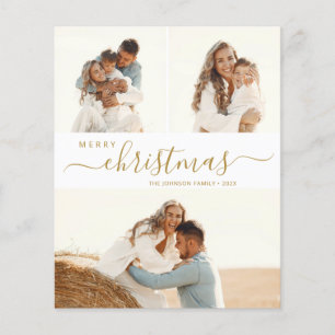 Elégant Gold Script 3 Photo Christmas Holiday Card