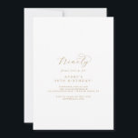 Elégant Gold Script 90th Birthday Party Invitation<br><div class="desc">Cet élégant script or 90ème anniversaire invitation est parfait pour une simple fête d'anniversaire. Le design minimaliste or et blanc présente une typographie romantique avec style glamour moderne. Personnalisable dans n'importe quelle couleur. Gardez le design minimal et élégant,  tel quel,  ou personnalisez-le en ajoutant vos propres graphiques et artwork.</div>