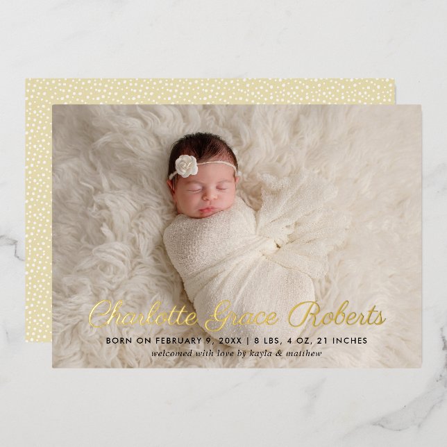 Elégant Gold Script Baby Photo Faire-part de naiss (Recto/Verso)