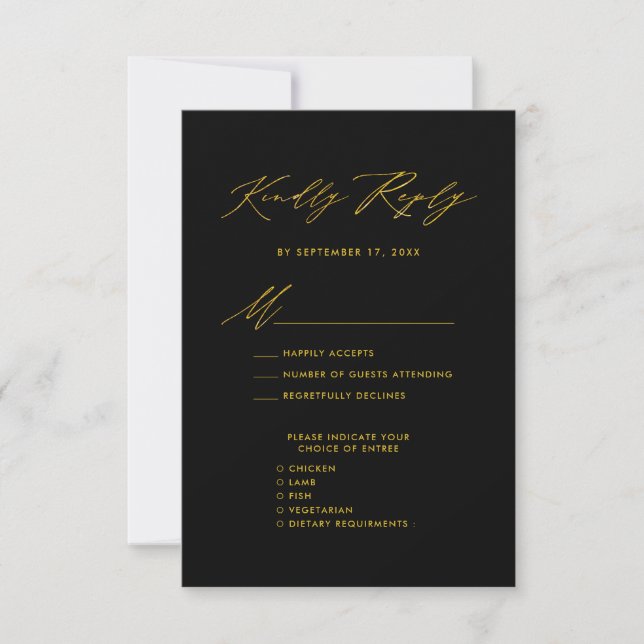 Élégant Gold Script moderne Noir Mariage RSVP (Devant)