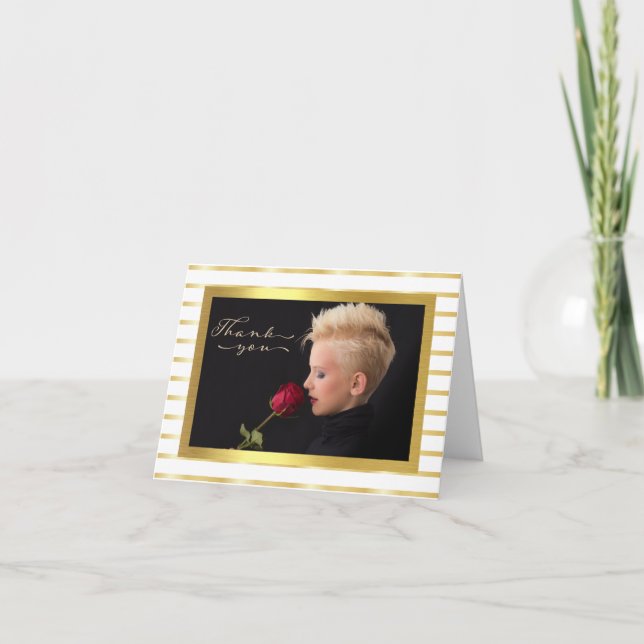 Elegant Gold Stripe Photo Carte de remerciements (Devant)