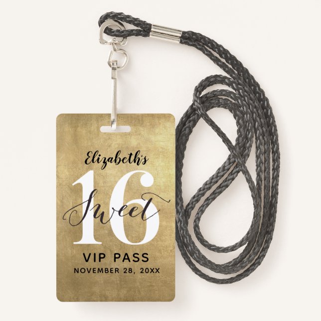 Élégant Gold Sweet 16 Anniversaire VIP Badge (Devant avec lanière)