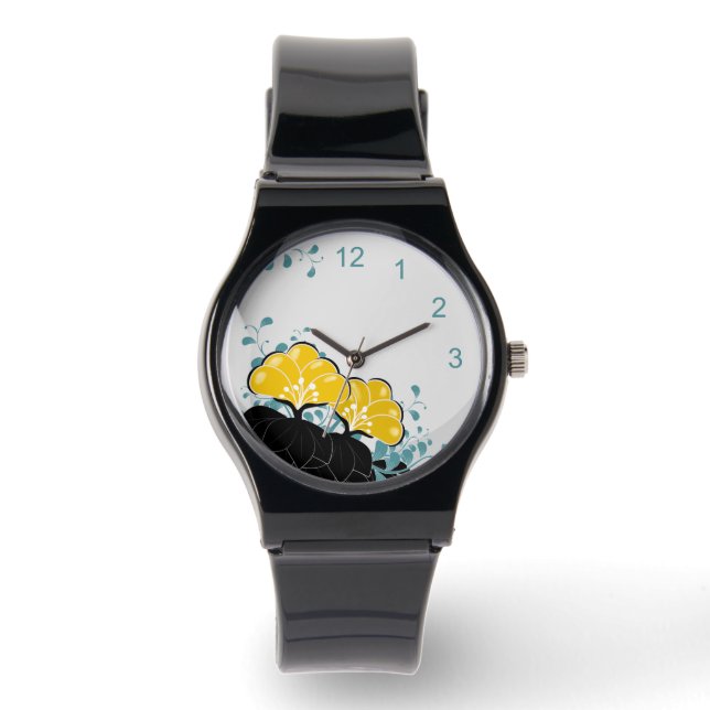 Elégant Golden Camellias Montre avec nombre (Recto)