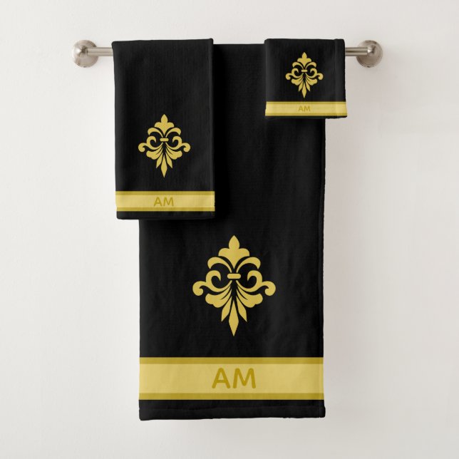 Elegant Golden Flower, Monogram & Stripe on Black (En situation)