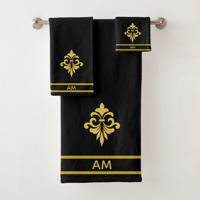 Elegant Golden Flower, Monogram & Stripes on Black (En situation)