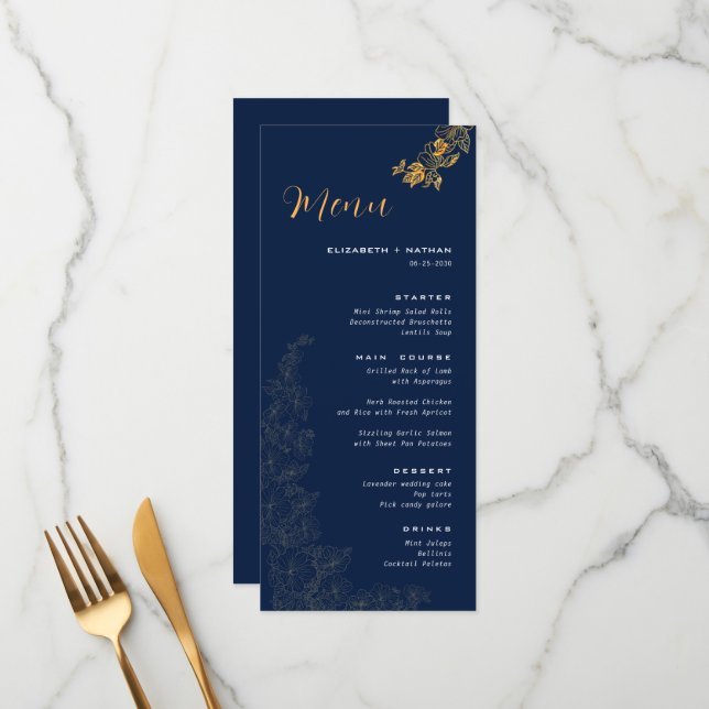 Elégant Golden Foliage Marine Blue Mariage Menu (Devant/Arrière en situation)