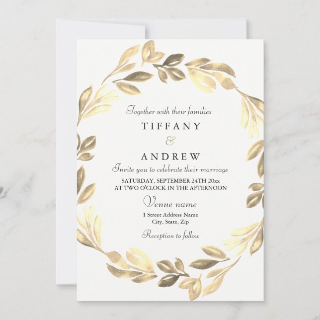 Elégant Golden Wreath Wedding Invitation (Devant)