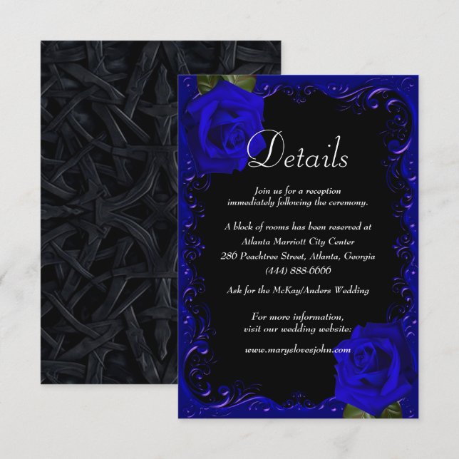 Elegant Goth Blue Rose Mariage Détails Card (Devant / Derrière)