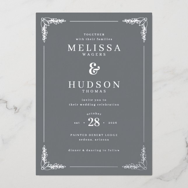 Elegant Gray Floral Wedding Invitation (Recto)