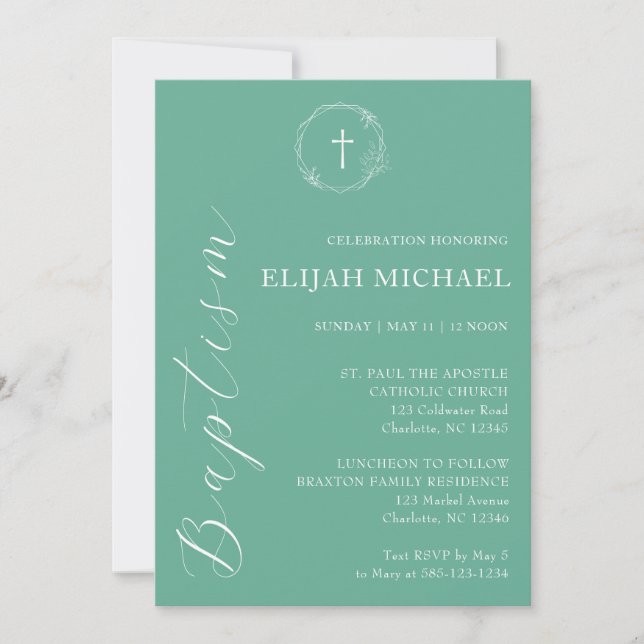 Élégant Gree White Baptism Cross Wreath Invitation (Devant)