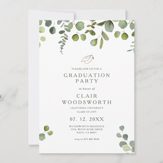 Elégant Green Eucalyptus Graduation Invitation (Devant)