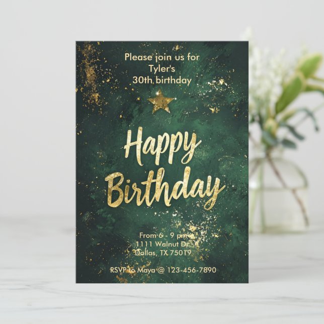 Elégant Green & Faux Gold Invitation Anniversaire (Debout devant)