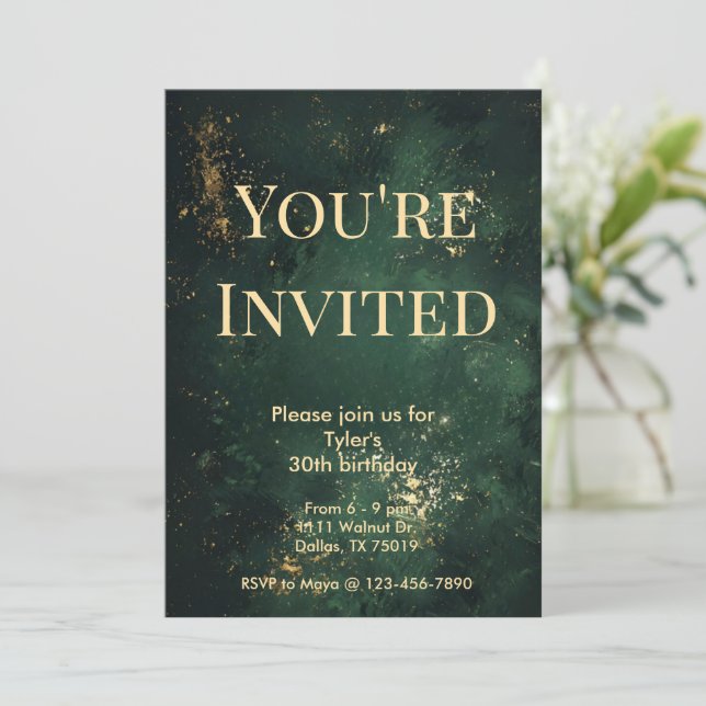 Elégant Green & Faux Gold Invitation Anniversaire (Debout devant)