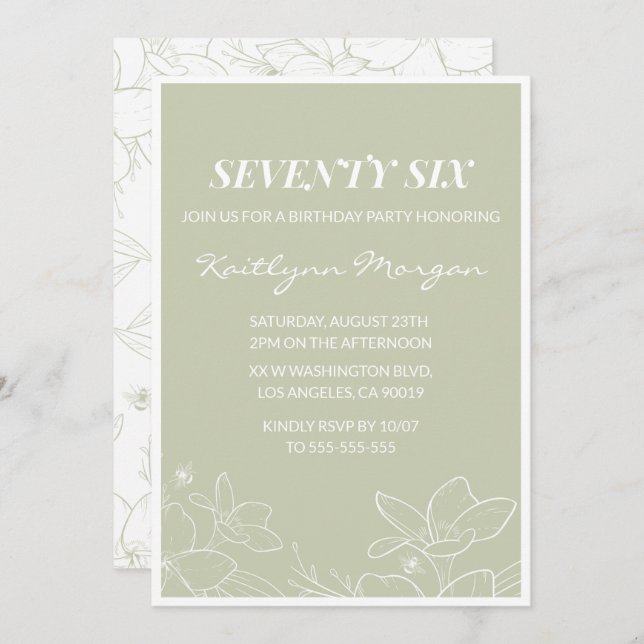 Elégant Green Floral 76e anniversaire invitations (Devant / Derrière)