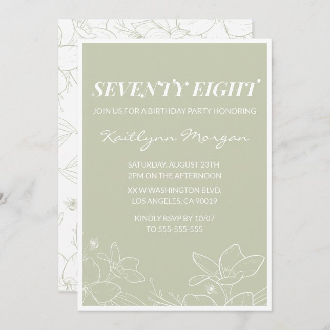 Elégant Green Floral 78e anniversaire invitations (Devant / Derrière)