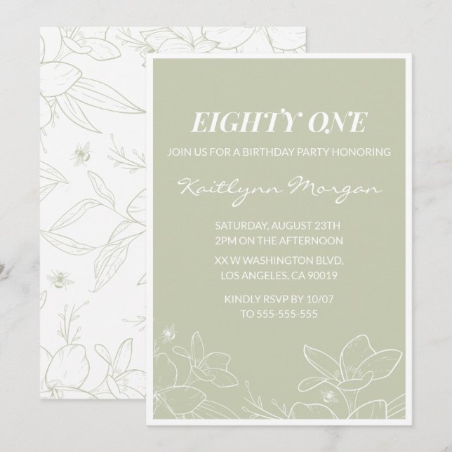 Elégant Green Floral invitations à 81e anniversair (Devant / Derrière)