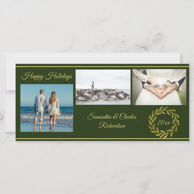 Elegant Green Gold 3 Photo Holiday Card (Devant)
