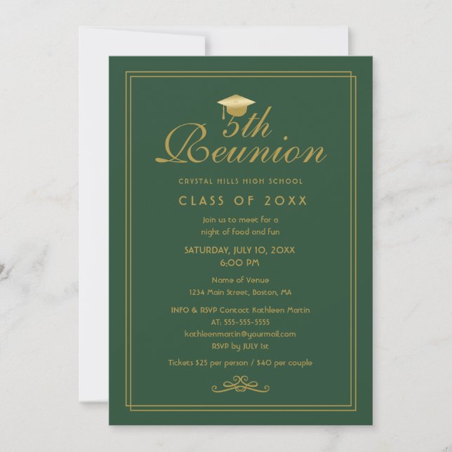 Elégant Green Gold 5e Classe Reunion Invitation (Devant)