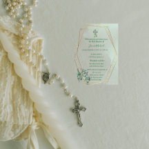 Elégant Green & Gold Cross Baptism Invitation