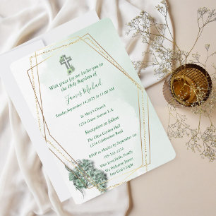 Elégant Green & Gold Cross Baptism Invitation