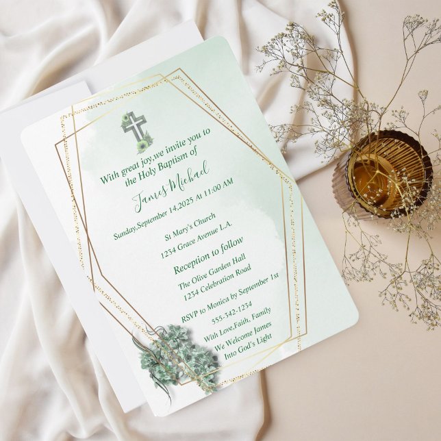 Elégant Green & Gold Cross Baptism Invitation (Créateur téléchargé)