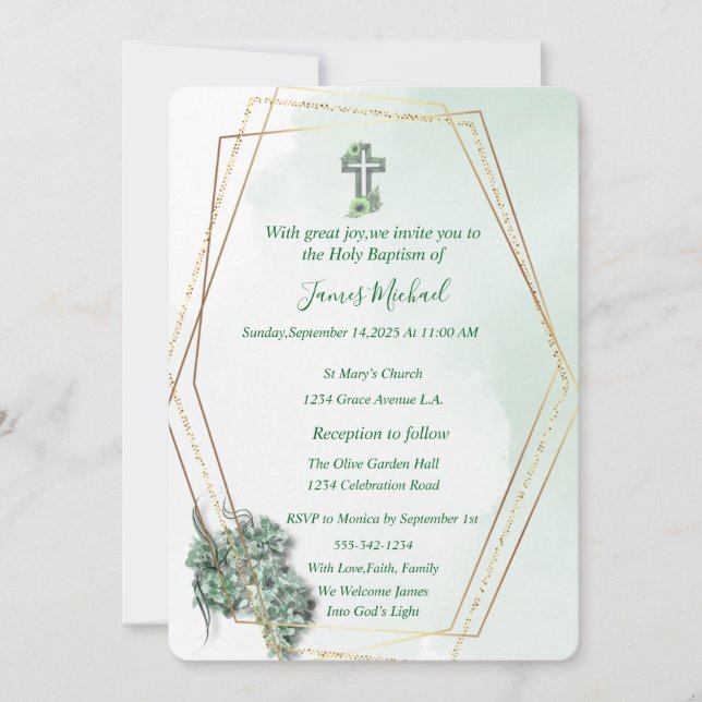 Elégant Green & Gold Cross Baptism Invitation (Devant)