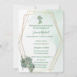 Elégant Green & Gold Cross Baptism Invitation