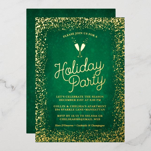 Elégant Green & Gold Fête Foil Invitation (Recto/Verso)
