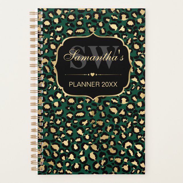 Élégant Green & Gold Foil Leopard Spots Monogramme (Devant)