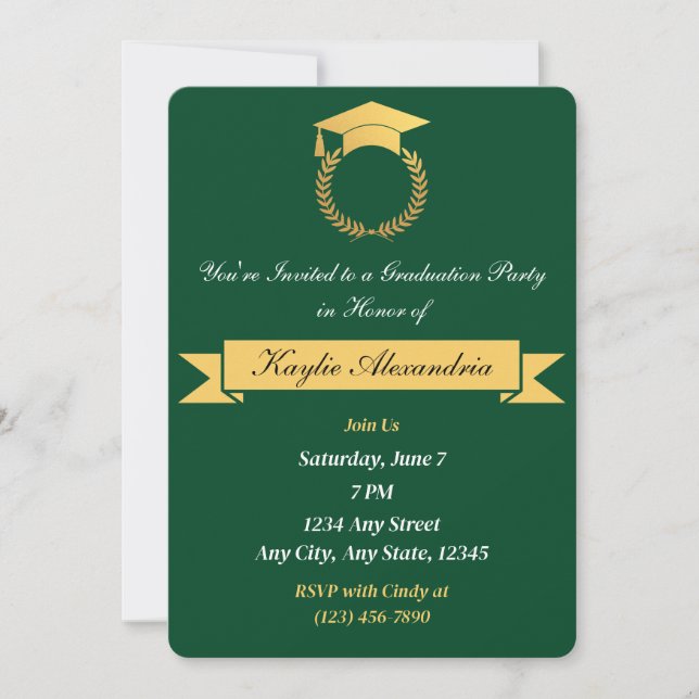 Elégant Green & Gold Graduation Invitation (Devant)