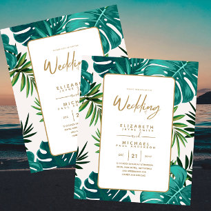Elégant Green Gold Tropical Island Mariage invite