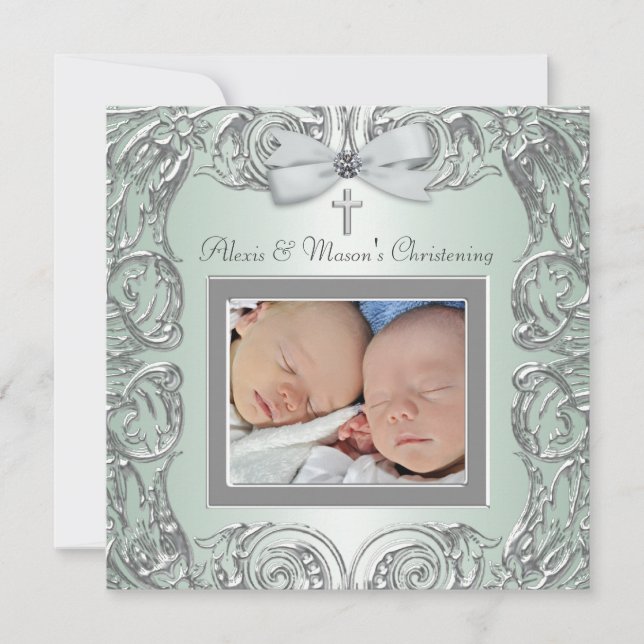 Elégant Green Twins Photo Christening Invitations (Devant)