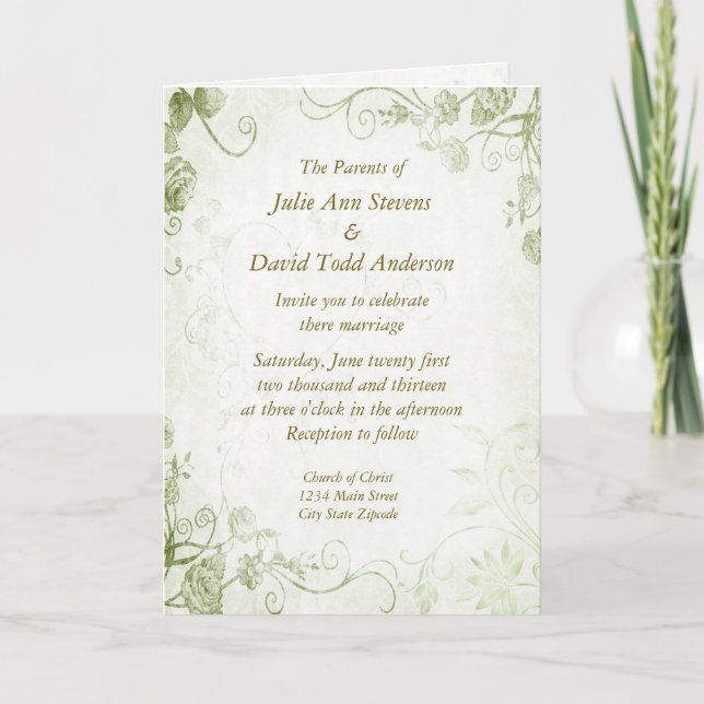 Elégant Green Vintage Mariage Invitation (Devant)