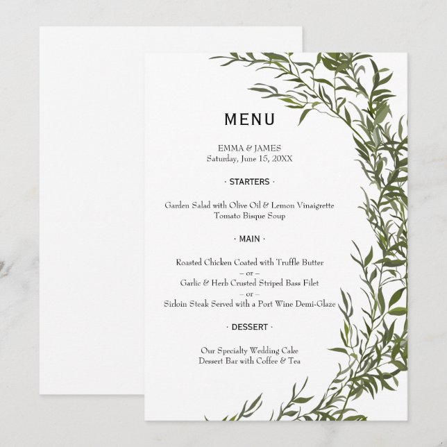 Elegant Greenery Watercolor Wedding Menu (Devant / Derrière)