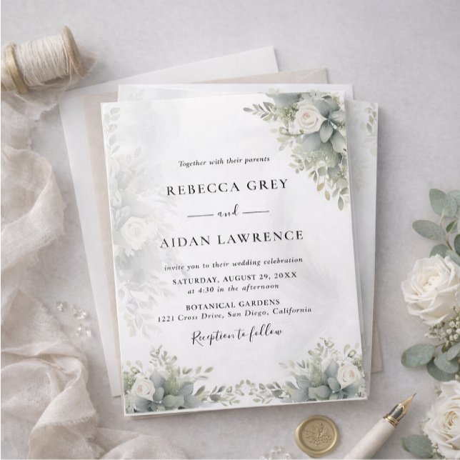 Elegant Grey Botanical Wedding Invitation (Créateur téléchargé)